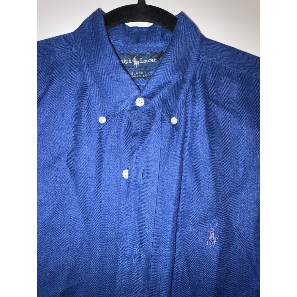 Ralph Lauren Blake Blue 100% Linen Herringbone Short Sleeve Button Down Shirt
